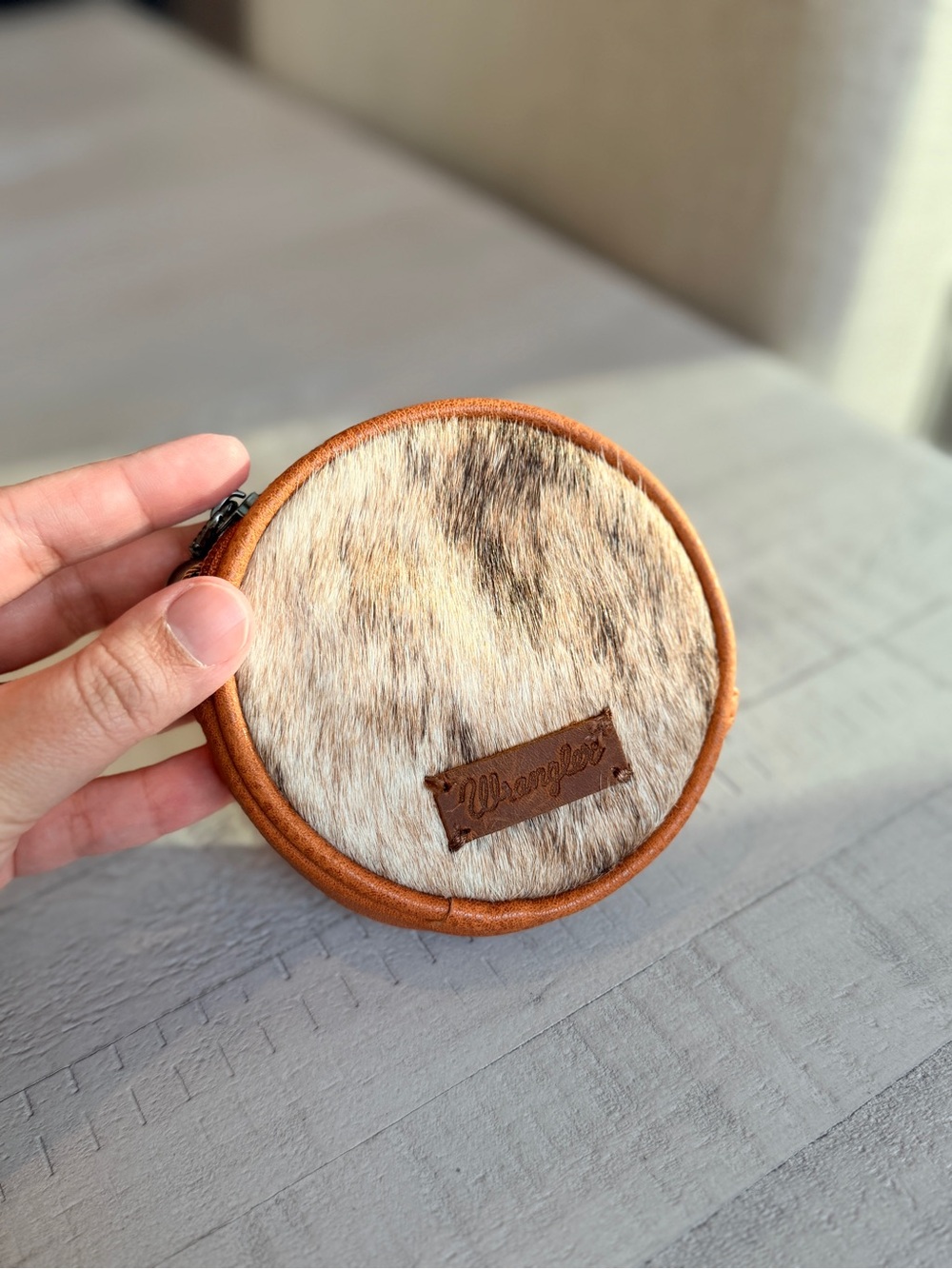 Wrangler Round Hair-on Hide Coin Pouch Bag Charm in Brown and Cream